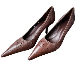 Schutz Brown Leather Pointed Toe Heels Size 9 Cutout Detail Classic Pumps